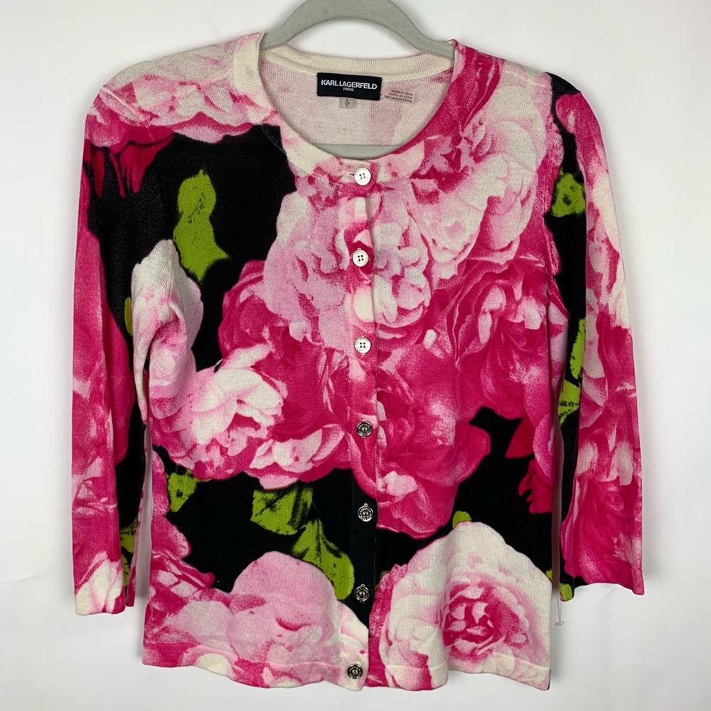 KARL LAGERFELD PARIS Hot Pink Rose Print Cardigan